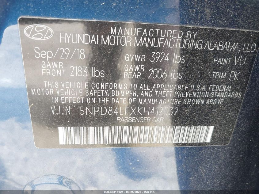 2019 Hyundai Elantra Sel VIN: 5NPD84LFXKH412532 Lot: 43315121