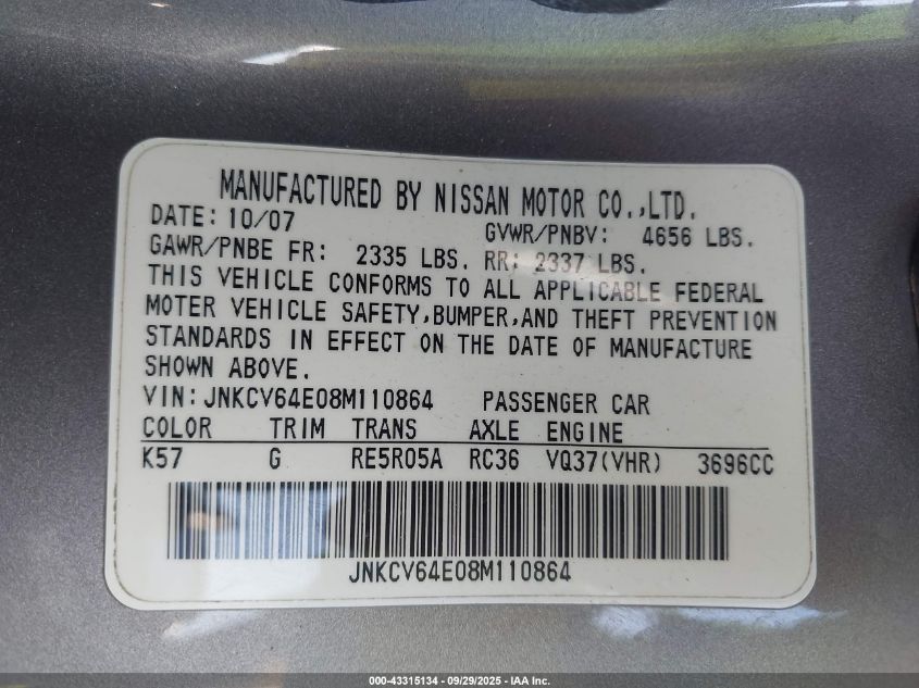 2008 Infiniti G37 Journey VIN: JNKCV64E08M110864 Lot: 43315134