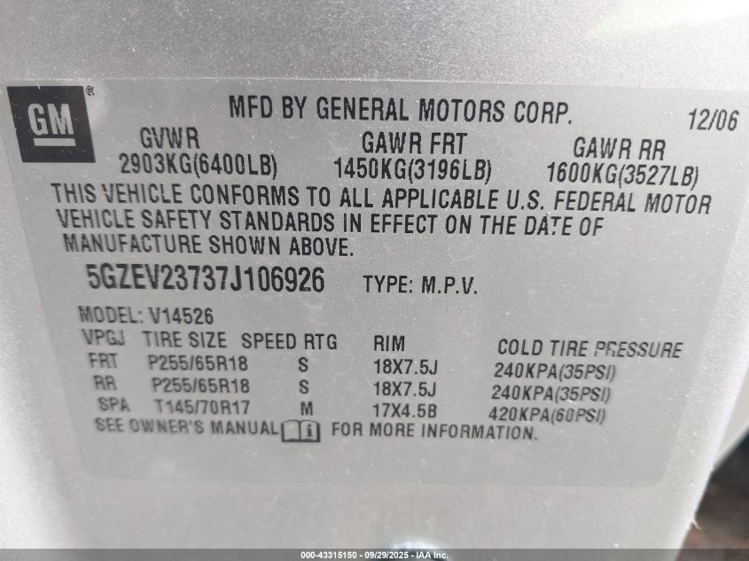 2007 Saturn Outlook Xr VIN: 5GZEV23737J106926 Lot: 43315150