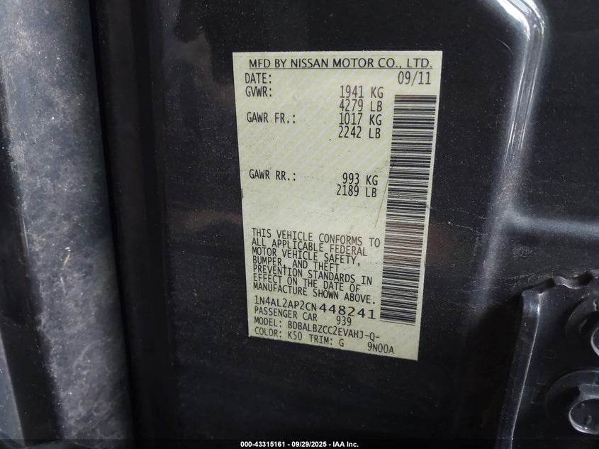 2012 Nissan Altima 2.5 S VIN: 1N4AL2AP2CN448241 Lot: 43315161