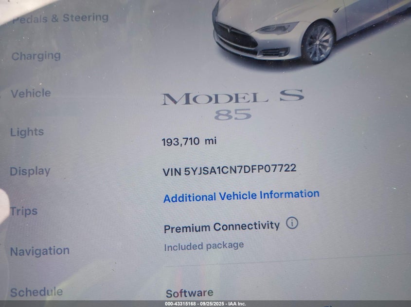 2013 Tesla Model S VIN: 5YJSA1CN7DFP07722 Lot: 43315168