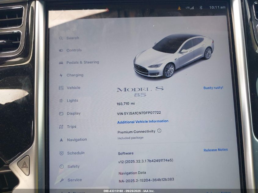 2013 Tesla Model S VIN: 5YJSA1CN7DFP07722 Lot: 43315168