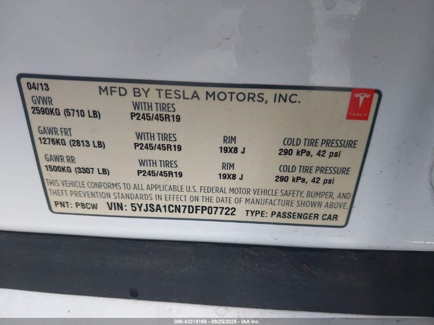 2013 Tesla Model S VIN: 5YJSA1CN7DFP07722 Lot: 43315168