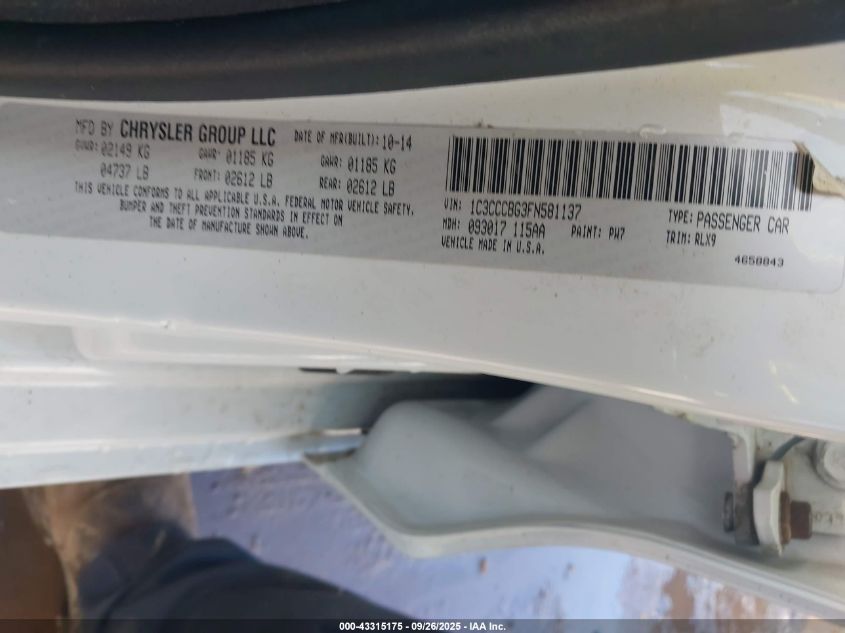 2015 Chrysler 200 S VIN: 1C3CCCBG3FN581137 Lot: 43315175