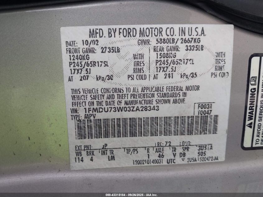 2003 Ford Explorer Nbx/Xlt VIN: 1FMDU73W03ZA28343 Lot: 43315184