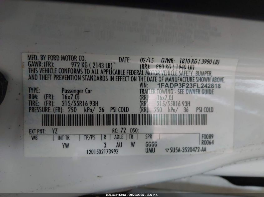 2015 Ford Focus Se VIN: 1FADP3F23FL242818 Lot: 43315193