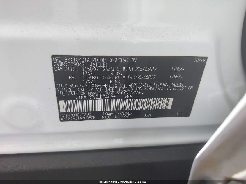 2020 Toyota Rav4 Xle VIN: JTMW1RFV2LD044965 Lot: 43315194