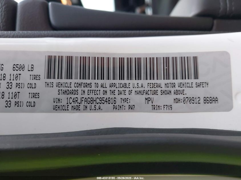 2017 Jeep Grand Cherokee Laredo 4X4 VIN: 1C4RJFAG8HC954816 Lot: 43315195