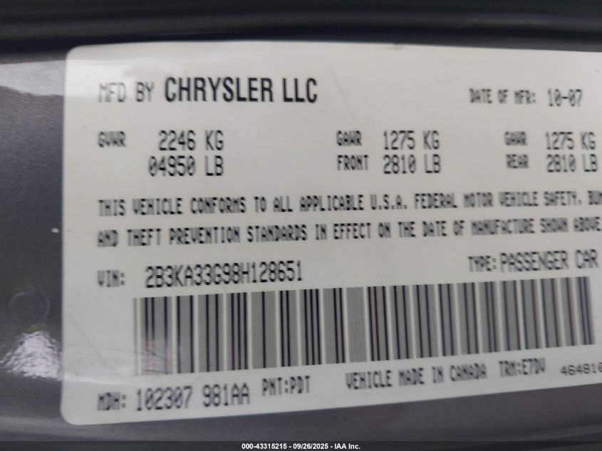 2008 Dodge Charger Sxt VIN: 2B3KA33G98H128651 Lot: 43315215