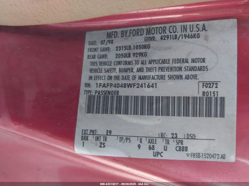 1998 Ford Mustang VIN: 1FAFP4048WF241641 Lot: 43315217