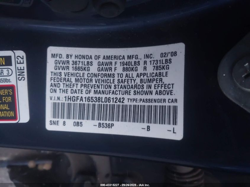 2008 Honda Civic Lx VIN: 1HGFA16538L061242 Lot: 43315227