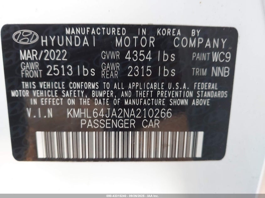 2022 HYUNDAI SONATA SEL KMHL64JA2NA210266