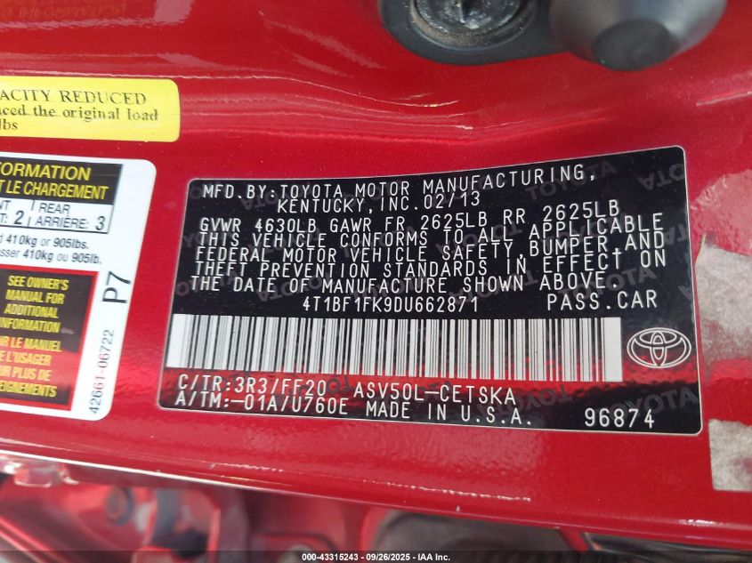 2013 Toyota Camry Se VIN: 4T1BF1FK9DU662871 Lot: 43315243