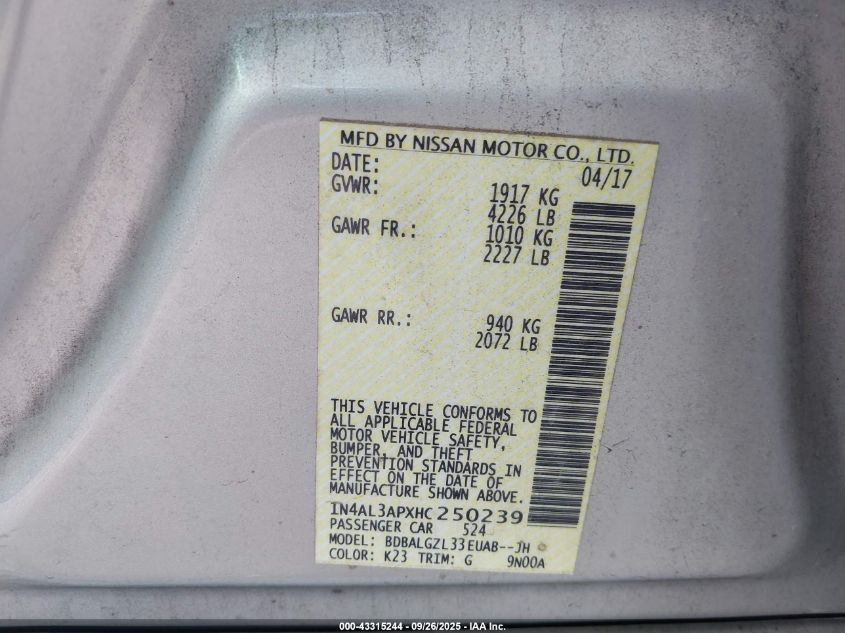 2017 Nissan Altima 2.5 S VIN: 1N4AL3APXHC250239 Lot: 43315244
