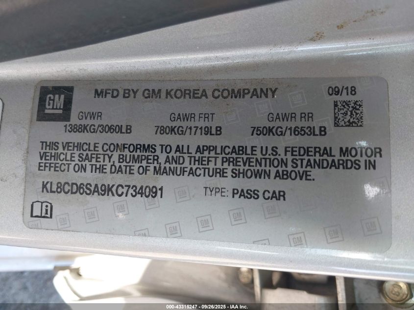 2019 Chevrolet Spark 1Lt Cvt VIN: KL8CD6SA9KC734091 Lot: 43315247