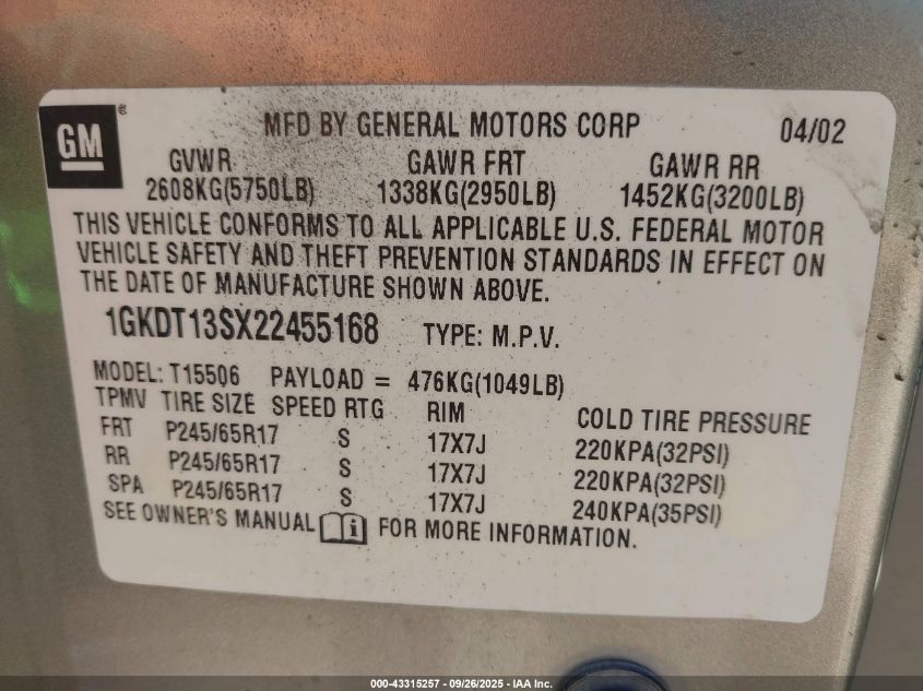 2002 GMC Envoy Sle VIN: 1GKDT13SX22455168 Lot: 43315257