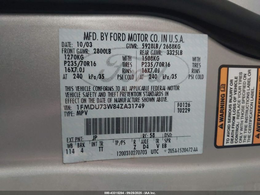 2004 Ford Explorer Nbx/Xlt VIN: 1FMDU73W84ZA31749 Lot: 43315284