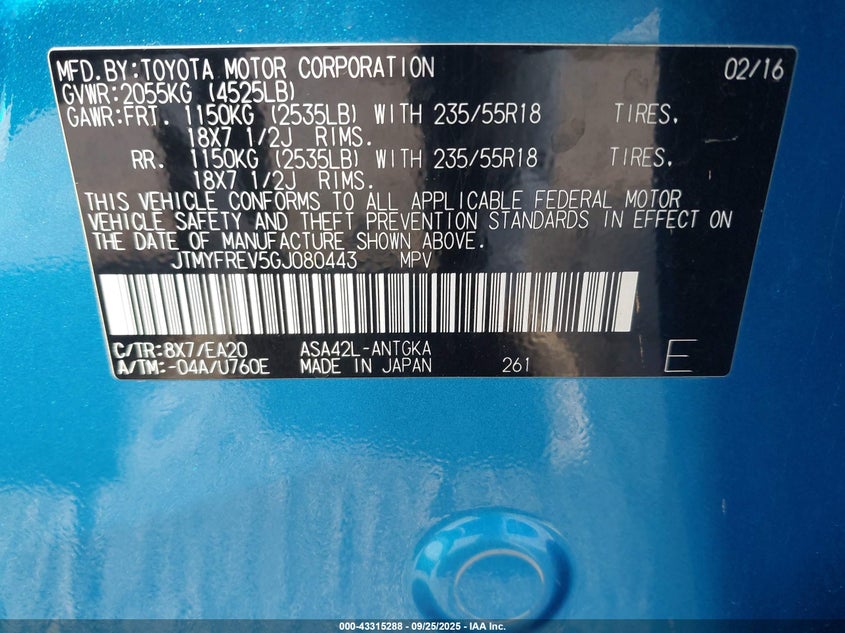 2016 Toyota Rav4 Limited VIN: JTMYFREV5GJ080443 Lot: 43315288