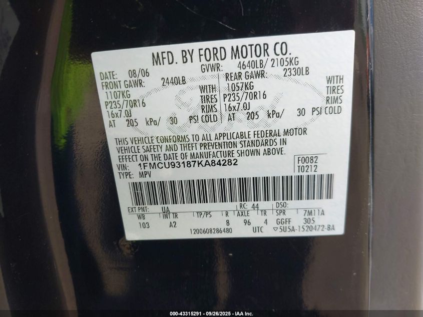 2007 Ford Escape Xlt/Xlt Sport VIN: 1FMCU93187KA84282 Lot: 43315291