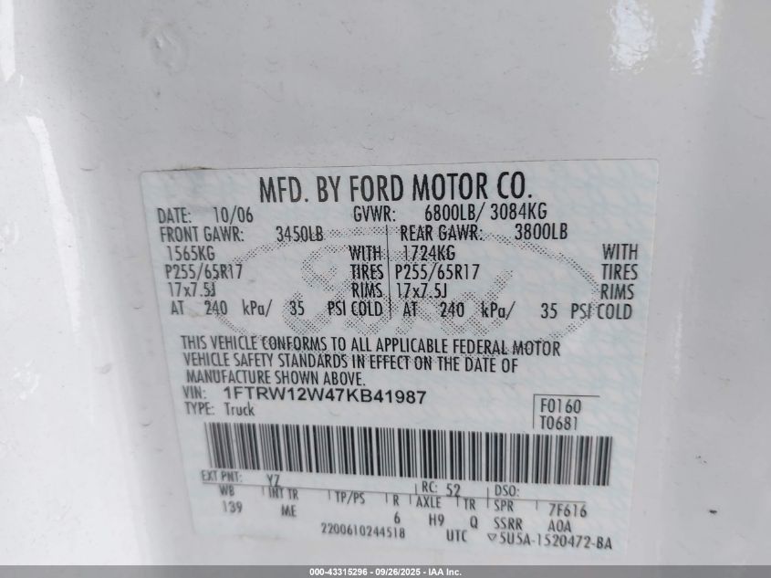 2007 Ford F-150 Xlt VIN: 1FTRW12W47KB41987 Lot: 43315296