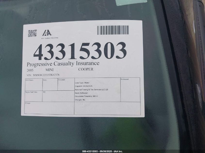 2005 Mini Cooper VIN: WMWRC33515TK62376 Lot: 43315303