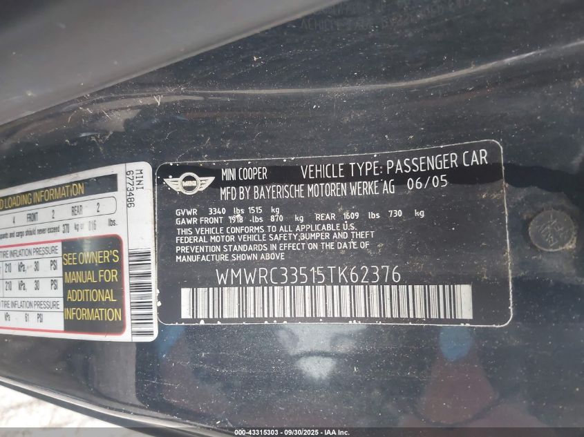 2005 Mini Cooper VIN: WMWRC33515TK62376 Lot: 43315303