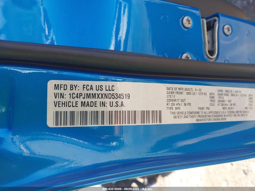 2022 Jeep Cherokee Latitude Lux 4X4 VIN: 1C4PJMMXXND534519 Lot: 43315308