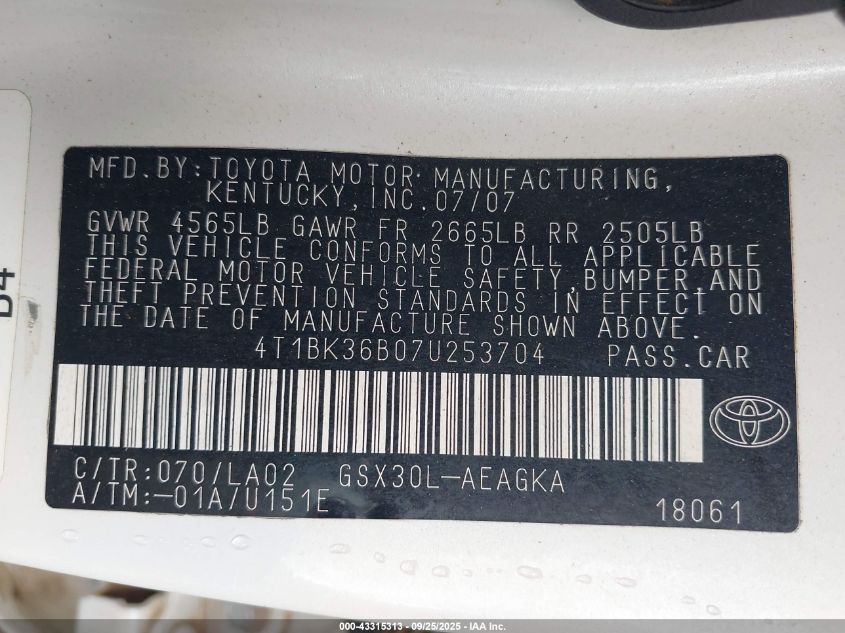 2007 Toyota Avalon Xls VIN: 4T1BK36B07U253704 Lot: 43315313