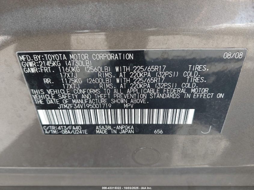 2009 Toyota Rav4 Limited VIN: JTMZF34V195001719 Lot: 43315322