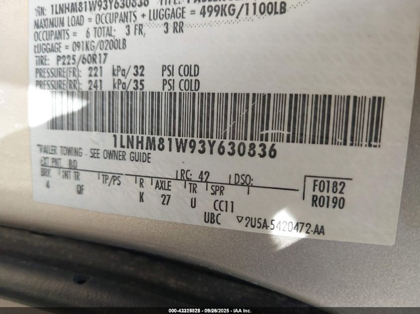 2003 Lincoln Town Car Executive VIN: 1LNHM81W93Y630836 Lot: 43315325