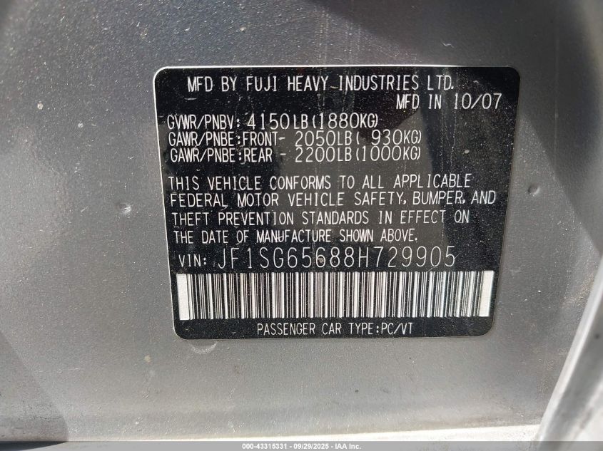 2008 Subaru Forester 2.5X VIN: JF1SG65688H729905 Lot: 43315331