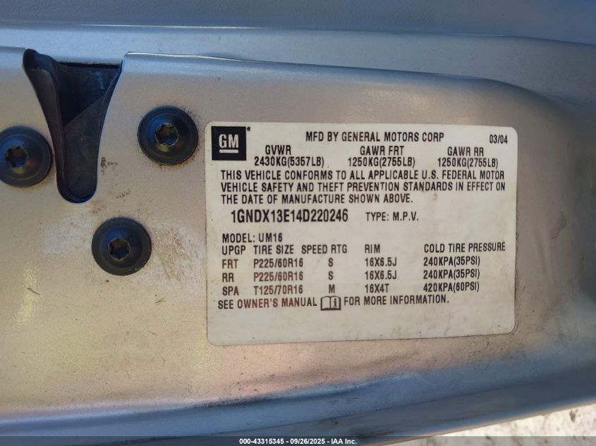 2004 Chevrolet Venture Lt VIN: 1GNDX13E14D220246 Lot: 43315345