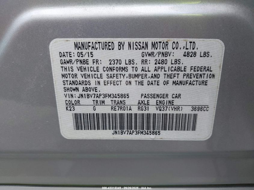 2015 Infiniti Q50 Premium VIN: JN1BV7AP3FM345865 Lot: 43315349