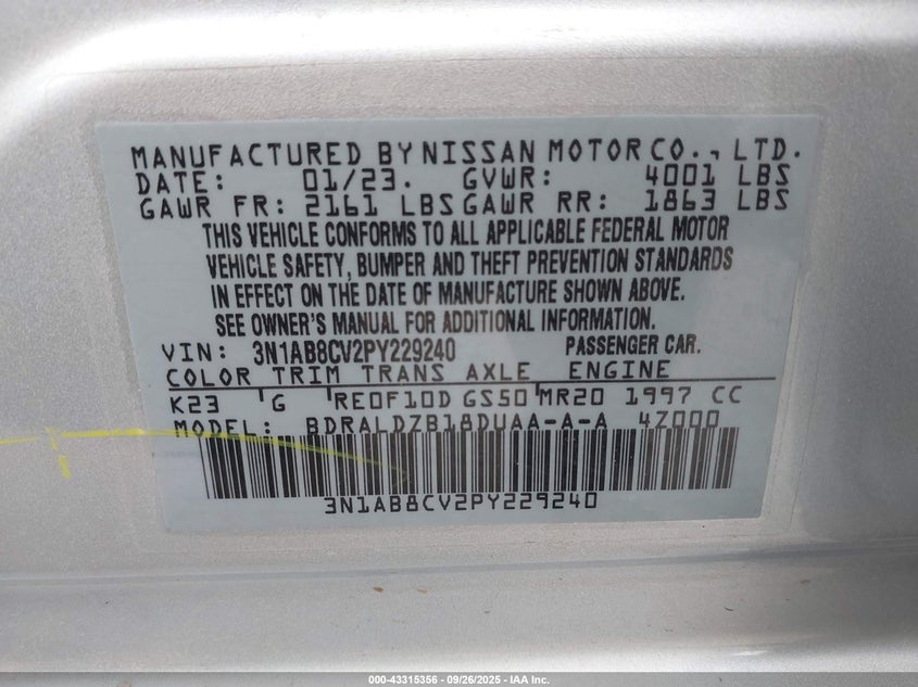 2023 Nissan Sentra Sv Xtronic Cvt VIN: 3N1AB8CV2PY229240 Lot: 43315356