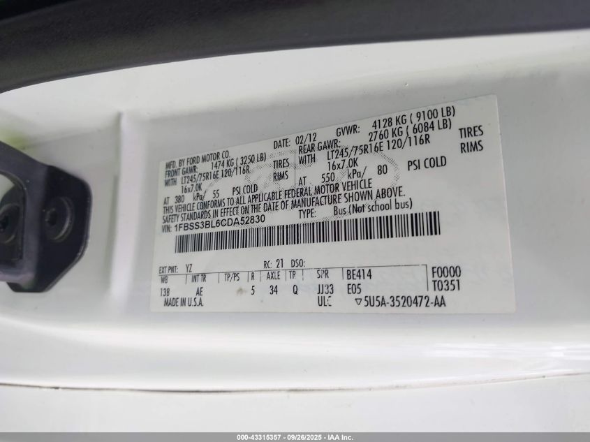 2012 Ford E-350 Super Duty Xl VIN: 1FBSS3BL6CDA52830 Lot: 43315357