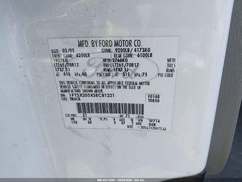 2005 Ford F-250 Lariat/Xl/Xlt VIN: 1FTSX205X5EC81231 Lot: 43315361