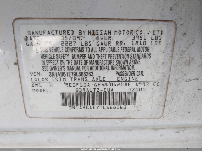 2009 Nissan Sentra 2.0S VIN: 3N1AB61E79L668263 Lot: 43426709