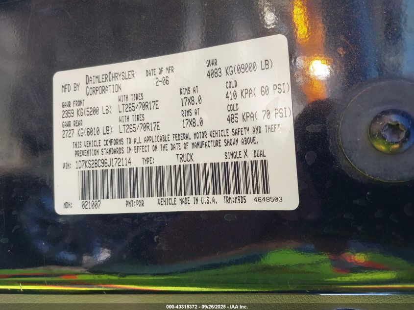 2006 Dodge Ram 2500 Slt/Trx4 Off Road/Sport/Power Wagon VIN: 1D7KS28C96J172114 Lot: 43315372