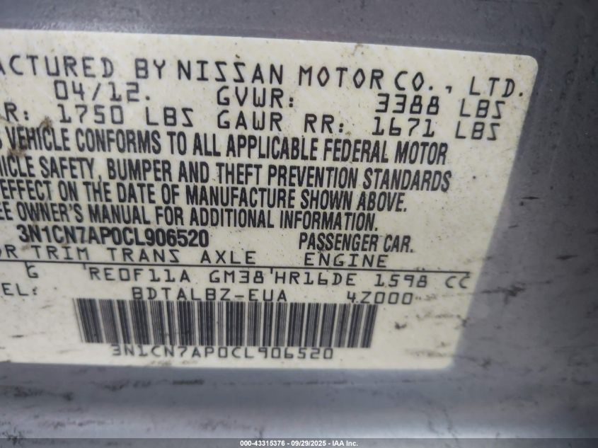 2012 Nissan Versa 1.6 Sv VIN: 3N1CN7AP0CL906520 Lot: 43315376