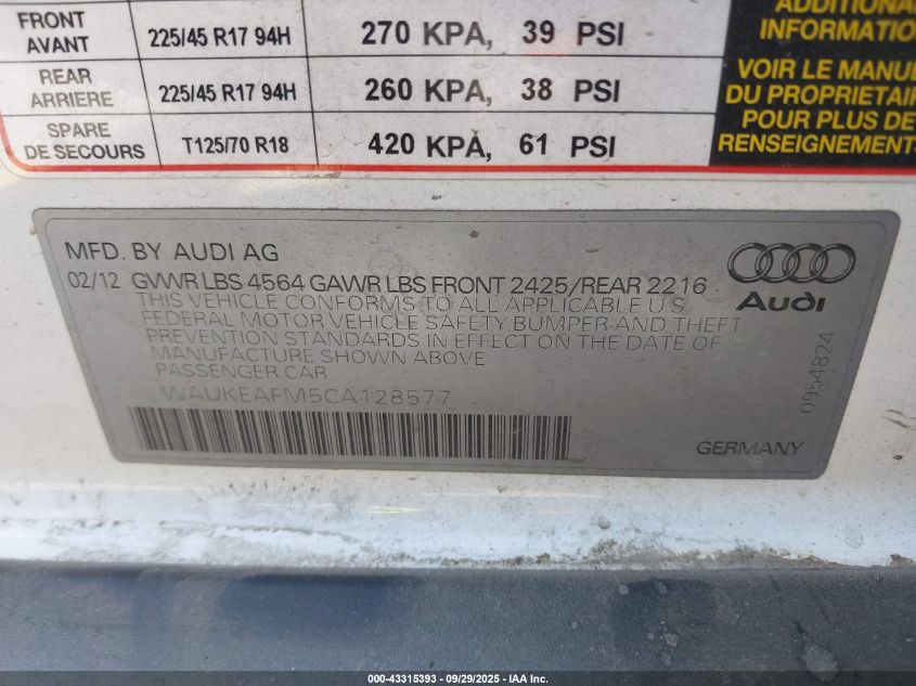2012 Audi A3 2.0T Premium VIN: WAUKEAFM5CA128577 Lot: 43315393