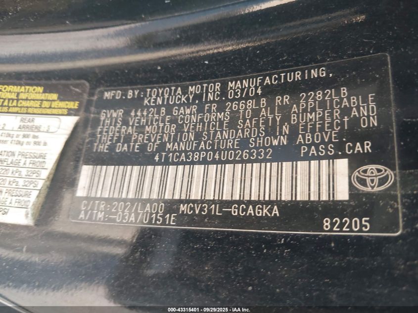 2004 Toyota Camry Solara Sle V6 VIN: 4T1CA38P04U026332 Lot: 43315401