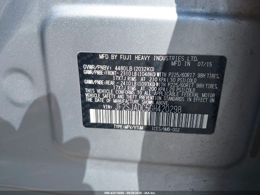 2016 Subaru Forester 2.5I Premium VIN: JF2SJADC5GH420298 Lot: 43315408