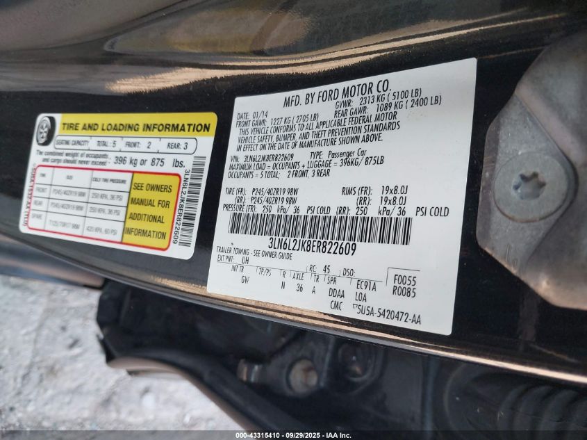 2014 Lincoln Mkz VIN: 3LN6L2JK8ER822609 Lot: 43315410