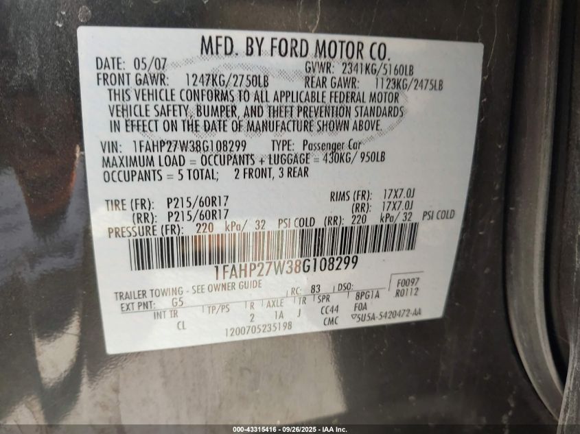 2008 Ford Taurus Sel VIN: 1FAHP27W38G108299 Lot: 43315416