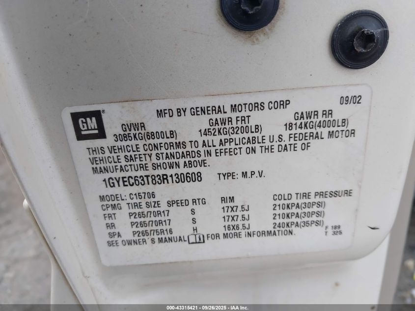 2003 Cadillac Escalade Standard VIN: 1GYEC63T83R130608 Lot: 43315421