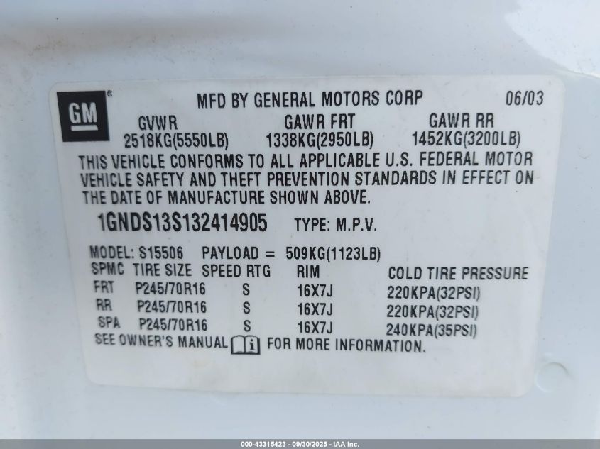 2003 Chevrolet Trailblazer Ls VIN: 1GNDS13S132414905 Lot: 43315423