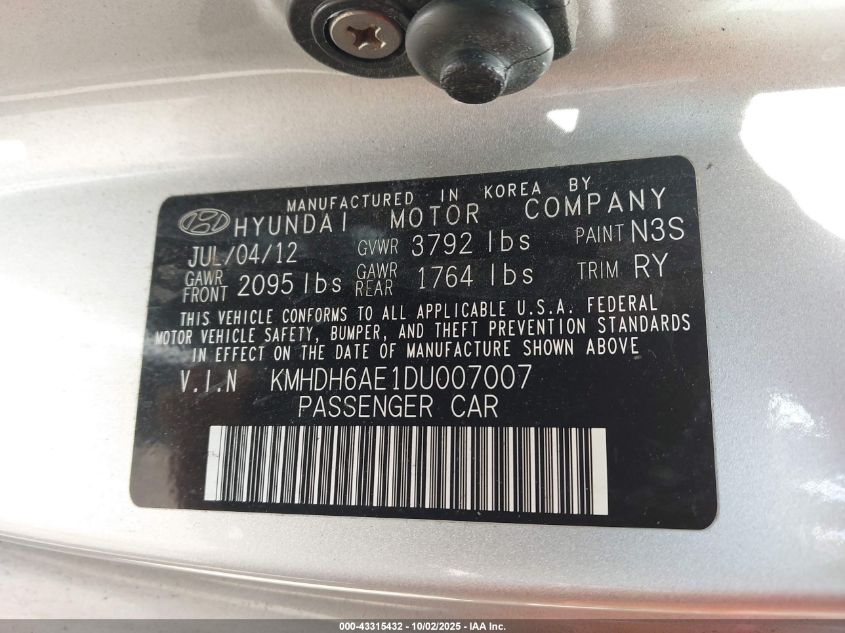 2013 Hyundai Elantra Gs VIN: KMHDH6AE1DU007007 Lot: 43315432