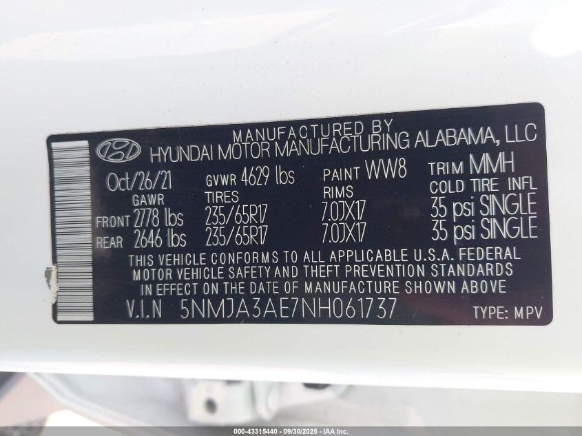 2022 Hyundai Tucson Se VIN: 5NMJA3AE7NH061737 Lot: 43315440