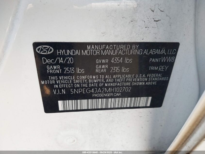 2021 Hyundai Sonata Se VIN: 5NPEG4JA2MH102702 Lot: 43315448