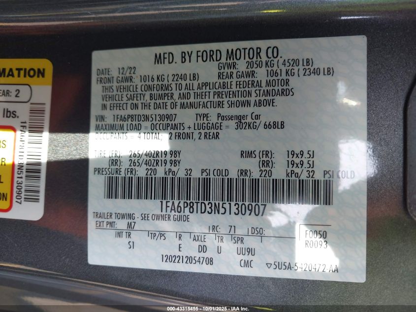 2022 Ford Mustang Ecoboost Premium Fastback VIN: 1FA6P8TD3N5130907 Lot: 43315455